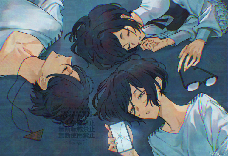 1boy 2girls adversarial_noise closed_eyes collared_shirt commentary_request cracked_screen expressionless frilled_shirt frilled_sleeves frills fukurai_azami glasses half-closed_eyes kisaragi_ayumi limited_palette long_sleeves lying meguriya_ayumu multiple_girls on_side parted_lips rotational_symmetry shirt short_hair sleeping spoilers sumibiya_yasain toshi_densetsu_kaitai_center triangle_necklace unworn_eyewear upper_body upside-down