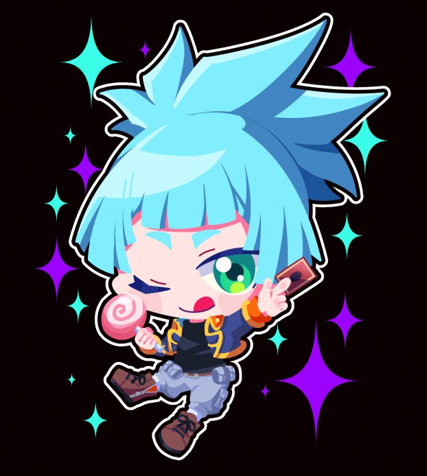 1boy ;p aqua_eyes aqua_hair black_background brown_footwear candy card chibi chibi_only food holding holding_candy holding_card holding_food holding_lollipop lollipop looking_at_viewer male_focus one_eye_closed otowaika shiun&#039;in_sora solo swirl_lollipop tongue tongue_out yu-gi-oh! yu-gi-oh!_arc-v