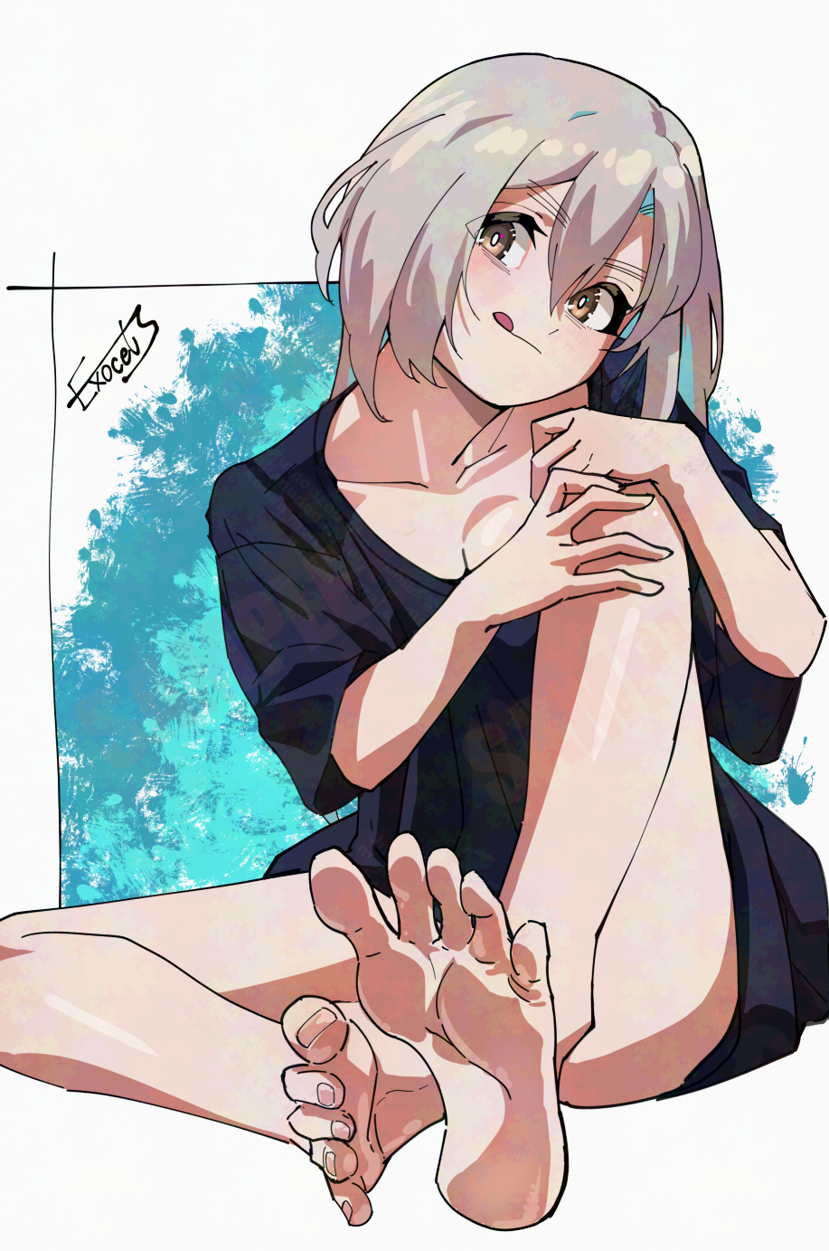 1girl barefoot exocet_(exocet4) feet highres licking_lips original tongue tongue_out