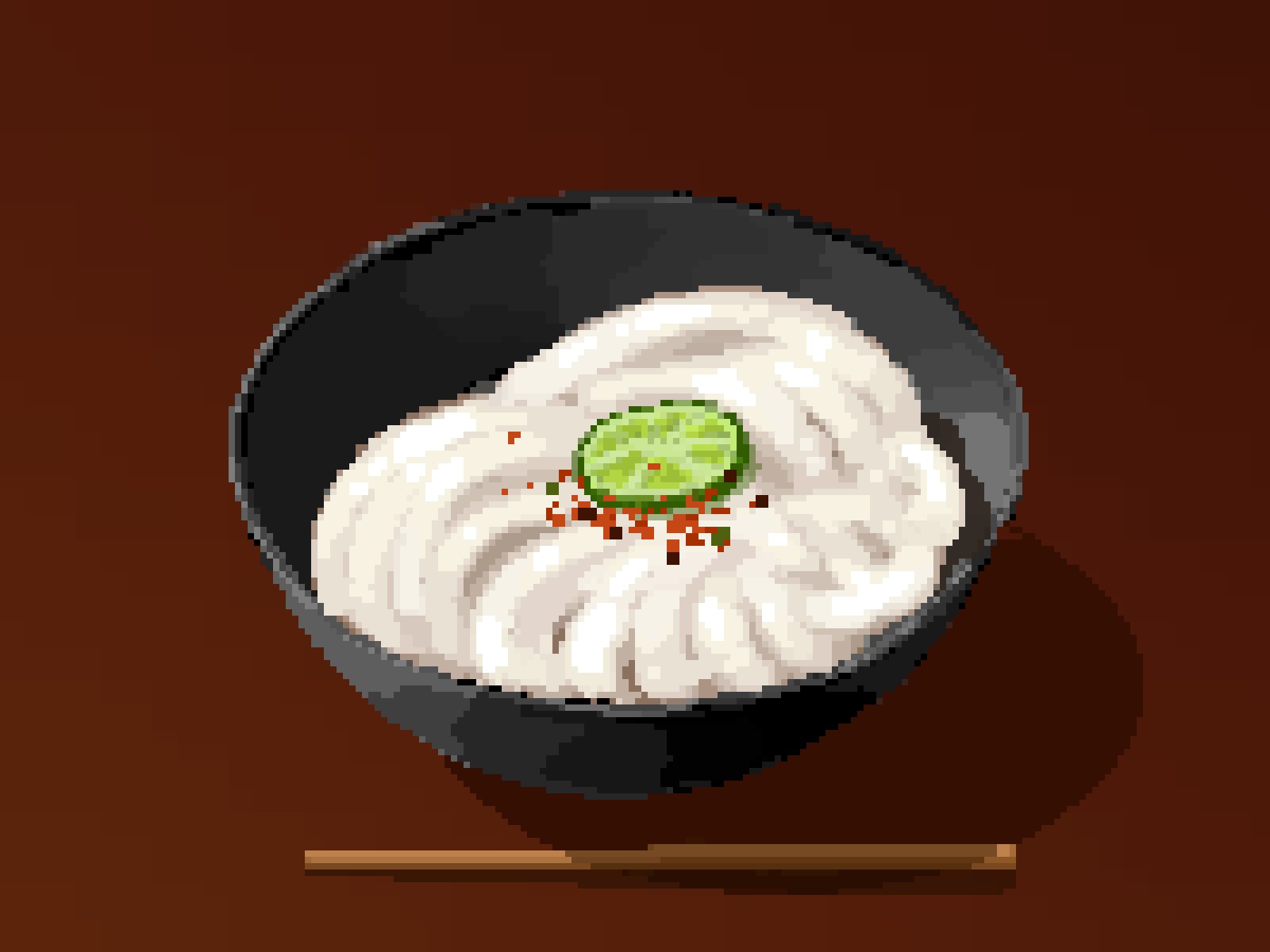 bowl chili_pepper chopsticks food food_focus fruit highres hisachan55cute lemon lemon_slice no_humans noodles original pixel_art red_background scenery shadow simple_background steaming_food udon