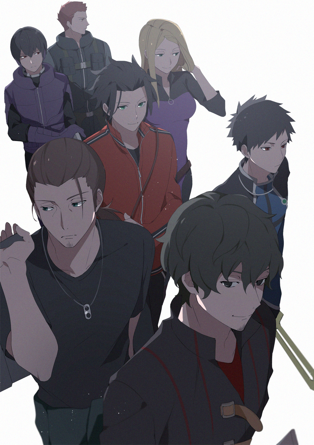 1girl 6+boys black_hair black_shirt blonde_hair blue_eyes brown_hair character_request closed_mouth collared_shirt facial_hair goatee highres jacket kako_nozomi kizaki_reiji miwa_shuuji multiple_boys red_jacket shirt short_hair smile spiked_hair track_jacket world_trigger yawai_tofu
