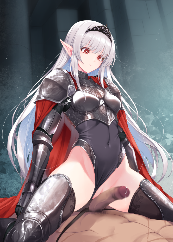 1boy 1girl :o abs armor black_leotard black_thighhighs black_tiara breastplate breasts bright_pupils cape censored commentary_request covered_navel elf erection gauntlets girl_on_top gluteal_fold grey_hair grinding hair_between_eyes highleg highleg_leotard kirishima_satoshi leg_armor leotard leotard_under_clothes long_hair looking_at_viewer medium_breasts mosaic_censoring original parted_lips pauldrons penis pointy_ears precum pussy red_cape red_eyes scar scar_on_chest shoulder_armor shoulder_plates smile solo_focus spread_legs straddling thigh_armor thighhighs thighs tiara very_long_hair white_pupils