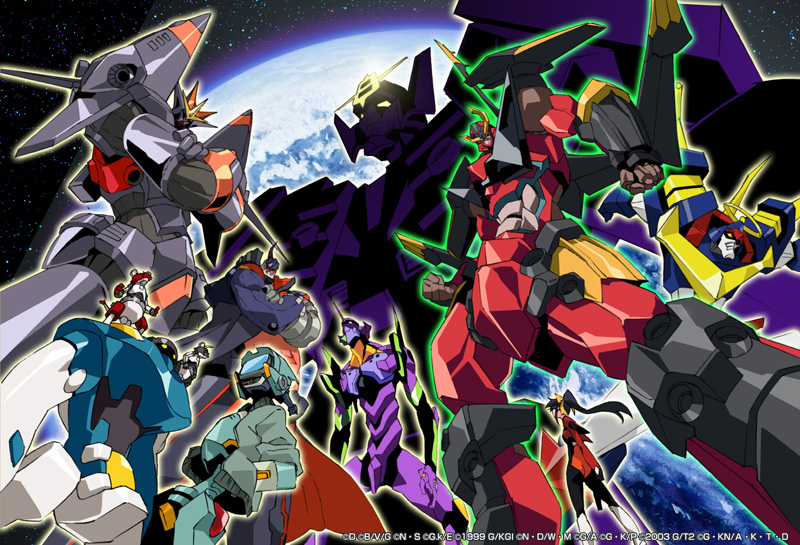 00s 1990s_(style) abenobashi_mahou_shoutengai amemiya_akira andou_mahoro annotation_request canti character_request company_connection dix-neuf dix_neuf earth_(planet) epic eva_01 flcl fushigi_no_umi_no_nadia gainax gainaxtop gunbuster gurren-lagann kono_minikuku_mo_utsukushii_sekai mahoromatic mecha mecha_focus neon_genesis_evangelion oniita planet retro_artstyle robot space tengen_toppa_gurren_lagann top_wo_nerae! top_wo_nerae!_(series) top_wo_nerae_2!