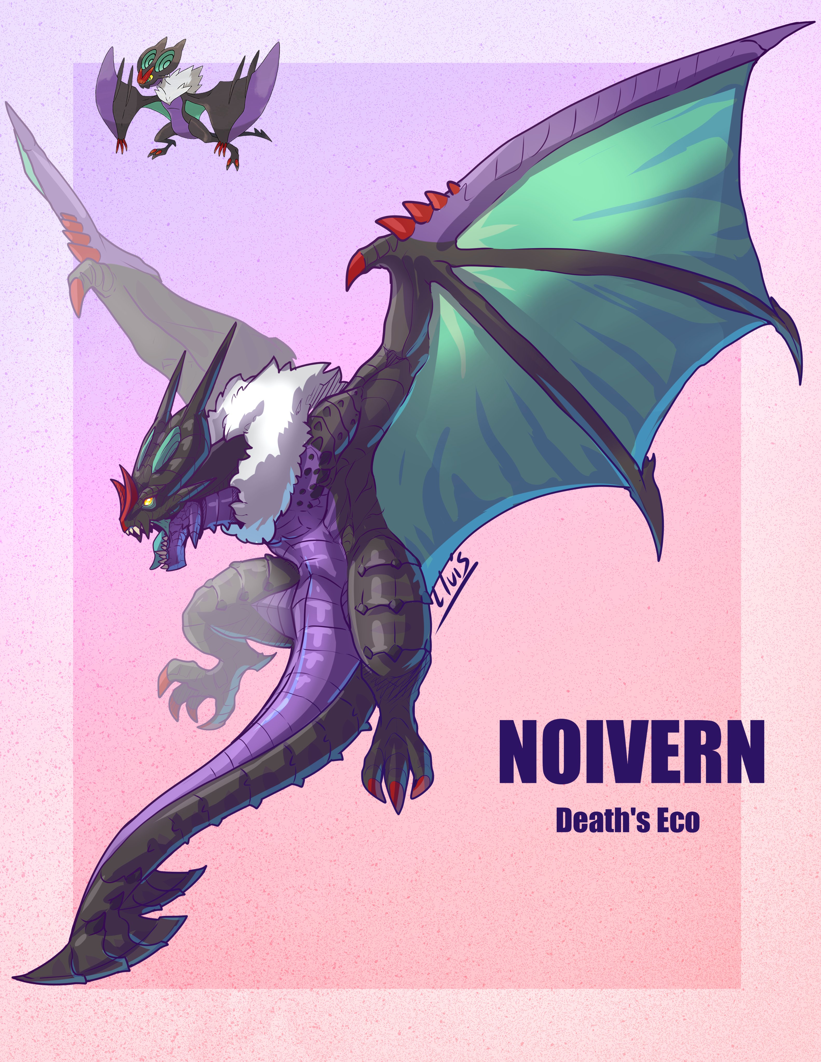 absurdres claws dragon_tail dragon_wings flying full_body gen_6_pokemon gradient_background highres horns lluisabadias monster_hunter_(series) nintendo no_humans noivern open_mouth pink_background pokemon pokemon_(creature) pokemon_xy purple_background tail wings yellow_eyes