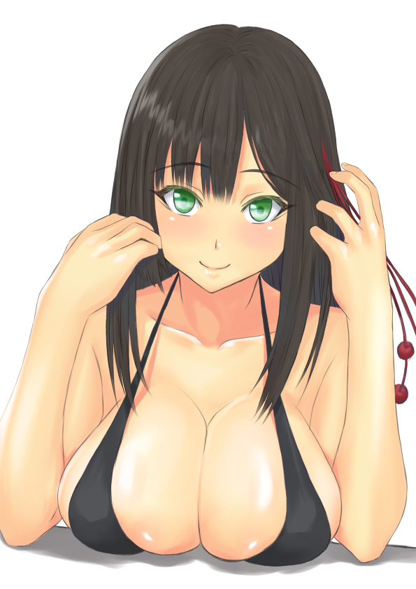 10s 1girl bikini bikini_top_only black_hair blush breasts cleavage female_focus green_eyes hair_ornament koi_to_senkyo_to_chocolate large_breasts long_hair looking_at_viewer muffin_(sirumeria) shinonome_satsuki shiny_skin simple_background skindentation smile solo strap_gap swimsuit white_background