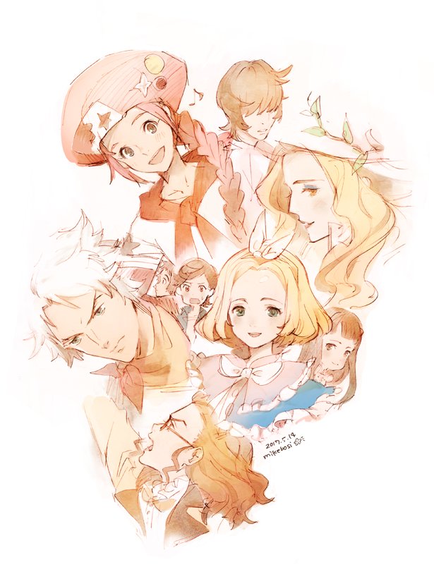 3girls 5girls bow_hairband braid classicaloid dated expressionless franz_liszt_(classicaloid) franz_schubert_(classicaloid) frederic_chopin_(classicaloid) glasses hair_over_eyes hairband hat jacket_around_neck kagura_sousuke looking_at_viewer ludwig_van_beethoven_(classicaloid) mikebosi multiple_girls musical_note open_mouth otowa_kanae parted_lips pyotr_illyich_tchaikovsky_(classicaloid) sepia short_hair signature simple_background tekla_badarzewska-baranowska_(classicaloid) white_background wolfgang_amadeus_mozart_(classicaloid)