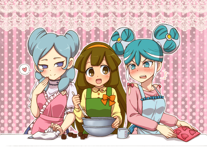 3girls apron aqua_eyes aqua_hair beta_(inazuma_eleven) blue_hair blush brown_eyes brown_hair chocolate heart inazuma_eleven inazuma_eleven_(series) inazuma_eleven_go inazuma_eleven_go_chrono_stone long_hair maron_(quintet_colors) measuring_cup mixing_bowl multiple_girls nanobana_kinako no_pupils open_mouth purple_eyes smile spoken_heart sumeragi_maki