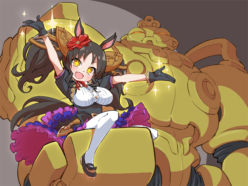 +_+ 1girl animal_ears black_gloves black_hair breasts dress fang flower gloves glowing glowing_eyes hair_flower hair_ornament hands_up horse_ears horse_tail large_breasts looking_at_viewer marvelous_sunday_(umamusume) nino_(ninouchi_irazu) open_mouth huitzil_(darkstalkers) puffy_short_sleeves puffy_sleeves robot short_sleeves skin_fang socks solo tail twintails umamusume darkstalkers white_socks