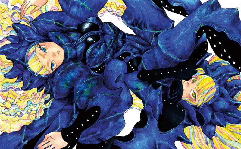 2girls beetle blue_eyes blue_hair bodysuit breasts bug covering_own_mouth curly_hair fulcidacini gloves green_eyes hands_up headdress insect leaning_on_person long_hair looking_at_viewer lying matsumoto_keiko multicolored_eyes multicolored_hair multiple_girls on_back on_side original parted_lips personification pink_hair purple_hair short_eyebrows sideways small_breasts spikes streaked_hair