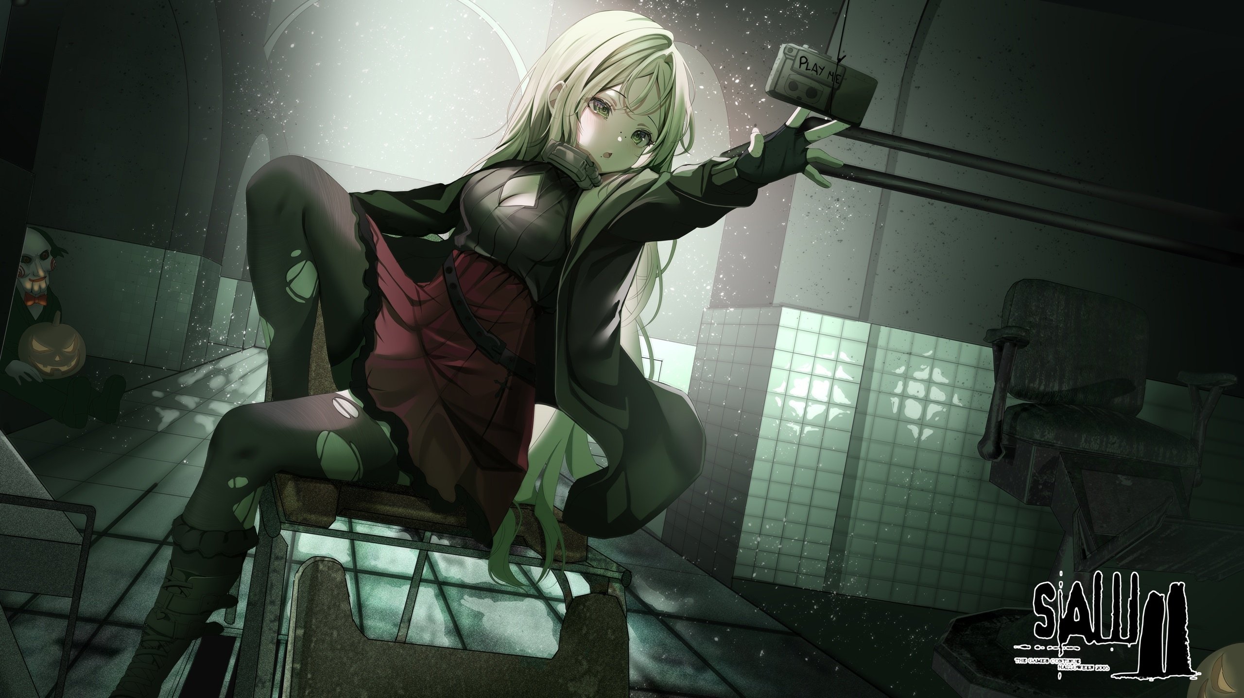 1girl belt black_belt boots breasts chair cleavage cleavage_cutout clothing_cutout collar green_eyes grey_hair highres isari_sensei jack-o&#039;-lantern jigsaw_(character) logo long_hair open_mouth pleated_skirt red_skirt saw_(movie) sitting skirt tape_recorder thighhighs torn_clothes torn_thighhighs