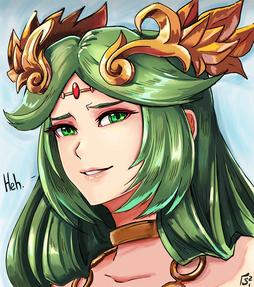 1girl artist_logo chain circlet collarbone gold_chain green_eyes green_hair kid_icarus kid_icarus_uprising logo looking_at_viewer nintendo palutena parted_lips smug solo stoic_seraphim upper_body