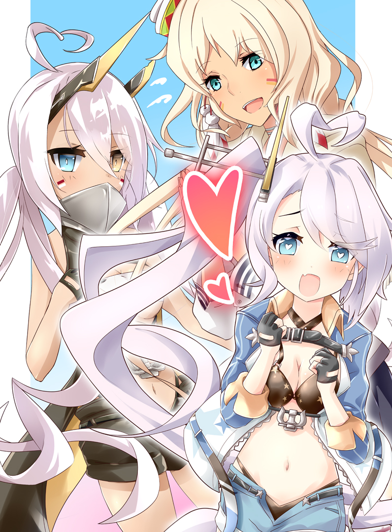 3girls ahoge azur_lane bandeau bikini black_bikini black_gloves black_shorts black_skirt blonde_hair blue_eyes blue_shirt blue_shorts blush breasts cleavage collared_shirt commentary_request covered_mouth cowboy_shot dark-skinned_female dark_skin earrings facepaint fang feather_earrings feathers fringe_trim gloves gudon_(iukhzl) hair_between_eyes heart heart-shaped_pupils heart_ahoge heterochromia historical_name_connection horns indianapolis_(azur_lane) indianapolis_(warship_girls_r) jewelry large_breasts long_hair looking_at_viewer mechanical_horns medium_breasts miniskirt multiple_girls name_connection navel open_clothes open_fly open_mouth open_shirt own_hands_together partially_fingerless_gloves pink_hair pleated_skirt portland_(azur_lane) portland_(retrofit)_(azur_lane) red_thighhighs retrofit_(azur_lane) shirt shorts siblings side_ponytail sisters skin_fang skirt smile swimsuit symbol-shaped_pupils thighhighs turtleneck twintails underboob very_long_hair warship_girls_r white_bandeau white_shirt yellow_eyes