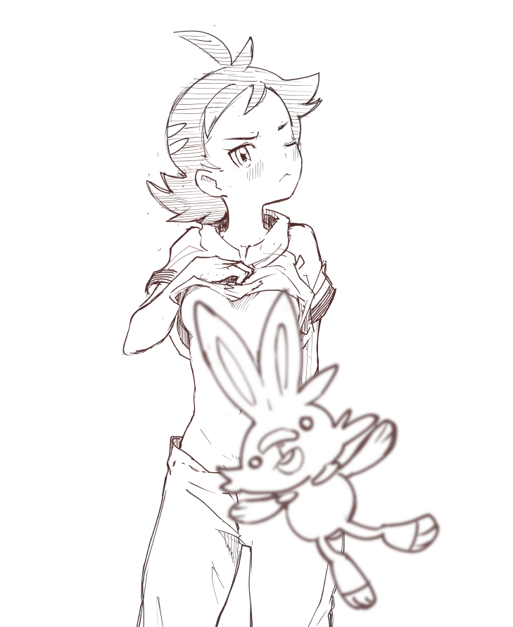 1girl blush breasts clothes_lift convenient_censoring doodlerush female_focus gen_8_pokemon genderswap genderswap_(mtf) goh_(pokemon) hair_ornament hairclip monochrome nintendo one_eye_closed pokemon pokemon_(anime) pokemon_journeys rabbit scorbunny shirt_lift short_hair small_breasts source_request standing