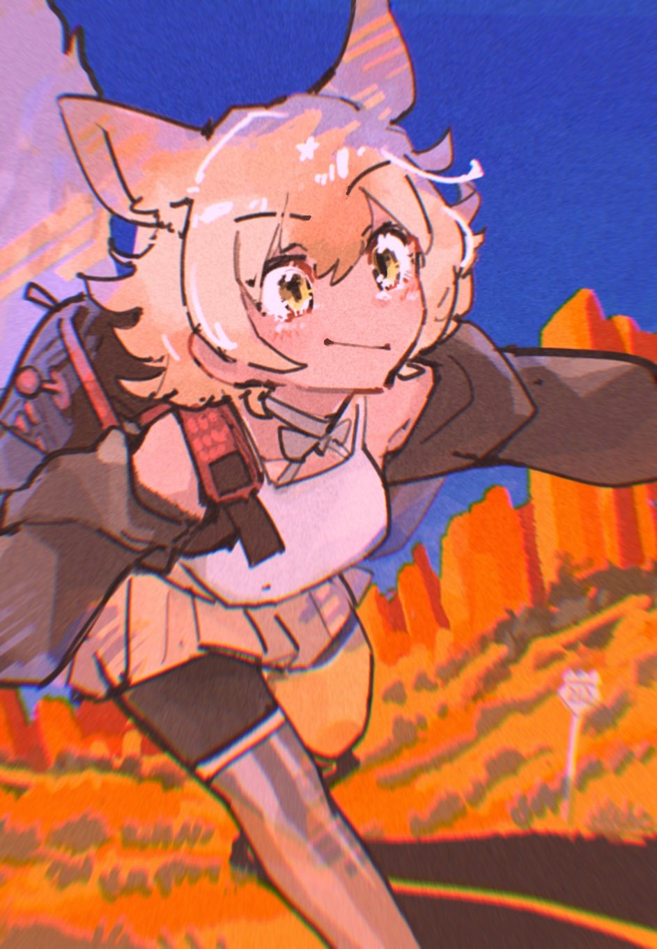 1girl animal_ears bag black_jacket blonde_hair blue_sky camisole coyote_(kemono_friends) extra_ears highres jacket kemono_friends kemono_friends_v_project outdoors short_hair shorts skirt sky solo tail thighhighs toki_reatle virtual_youtuber white_camisole wolf_ears wolf_girl wolf_tail yellow_eyes