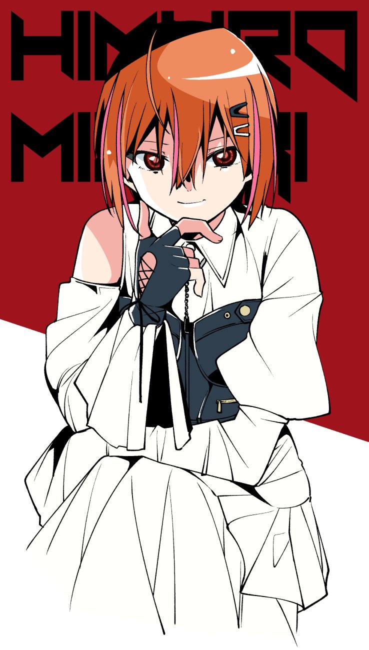 1girl 22/7 ahoge black_gloves bodice brown_eyes character_name closed_mouth dress fingerless_gloves gloves hair_between_eyes hair_ornament hairclip hand_on_own_chin highres himuro_mizuki long_sleeves multicolored_hair orange_hair pink_hair rock_wa_shinanai short_hair sitting smile solo streaked_hair trefle_r two-tone_background two-tone_hair white_dress