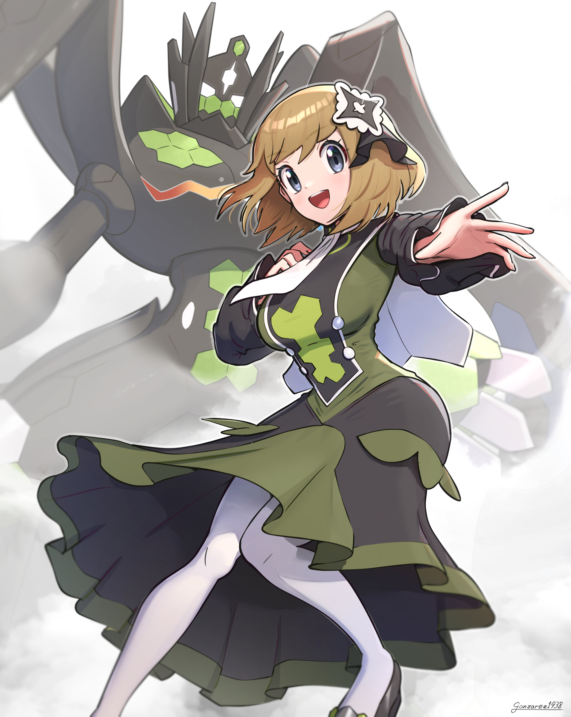 1girl absurdres artist_name ascot black_ribbon blonde_hair breasts brown_hair buttons dress eyelashes gen_6_pokemon gonzarez green_dress grey_eyes hair_ornament highres large_breasts legendary_pokemon nintendo official_alternate_costume open_mouth outstretched_arm pantyhose pokemon pokemon_(creature) pokemon_masters_ex ribbon serena_(pokemon) serena_(sygna_suit)_(pokemon) short_hair skirt smile solo teeth upper_teeth_only white_ascot white_pantyhose zygarde zygarde_(complete)