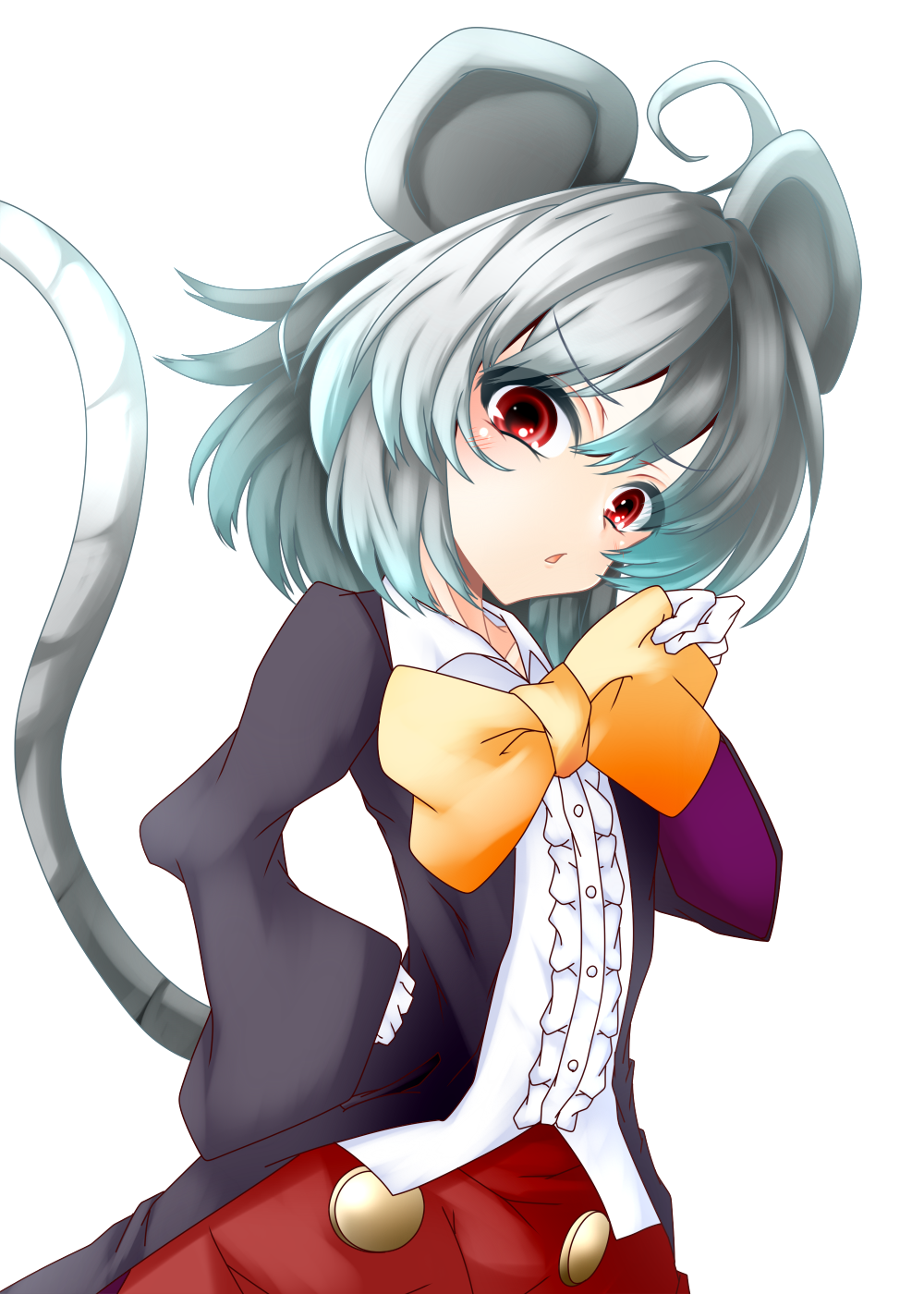 1girl ahoge animal_ears black_jacket bow bowtie collared_shirt cosplay cowboy_shot gloves grey_hair highres jacket long_sleeves looking_at_viewer mickey_mouse mickey_mouse_&amp;_friends mickey_mouse_(cosplay) mouse_ears mouse_girl mouse_tail muumuu_(sirufuruteienn) nazrin one-hour_drawing_challenge open_mouth red_eyes shirt short_hair simple_background solo standing tail touhou white_background white_gloves white_shirt yellow_bow yellow_bowtie