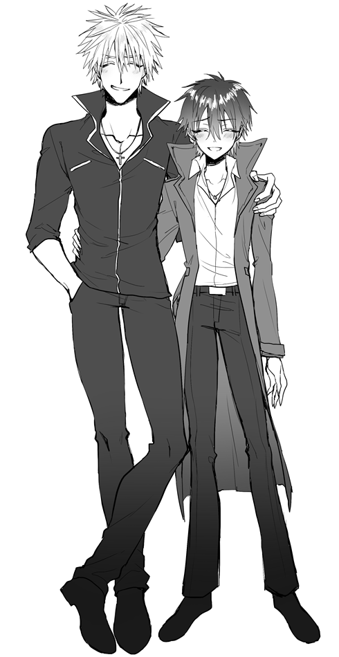 2boys artist_request bad_id bad_twitter_id black_hair black_jacket closed_eyes cross cross_necklace darren_shan greyscale jacket jewelry long_coat male_focus monochrome multiple_boys necklace short_hair shorts smile steve_leonard the_saga_of_darren_shan white_hair