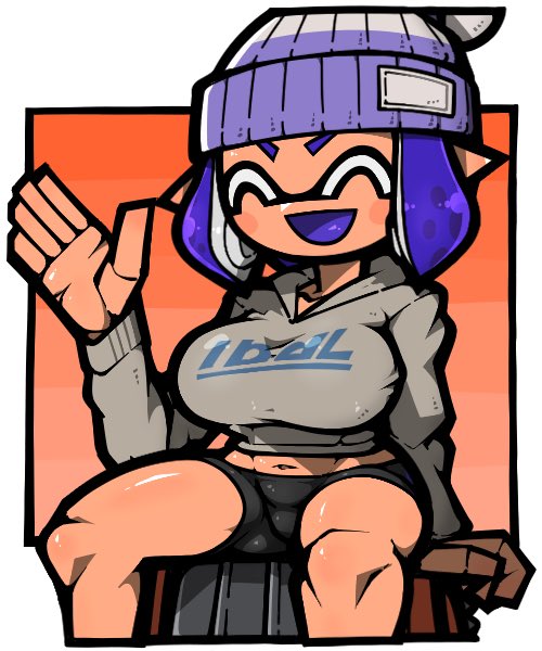 1girl :d ^_^ beanie bike_shorts black_shorts blue_hair blue_tongue bobble-chan_(splatoon) breasts closed_eyes colored_tongue grey_hoodie hand_up hat hood hood_down hoodie inkling large_breasts long_sleeves name_omoitukan2 navel nintendo open_mouth pointy_ears pom_pom_(clothes) pom_pom_beanie shiny_skin short_hair shorts sitting slosher_(splatoon) smile solo splatoon_(manga) splatoon_(series) tentacle_hair thick_lineart