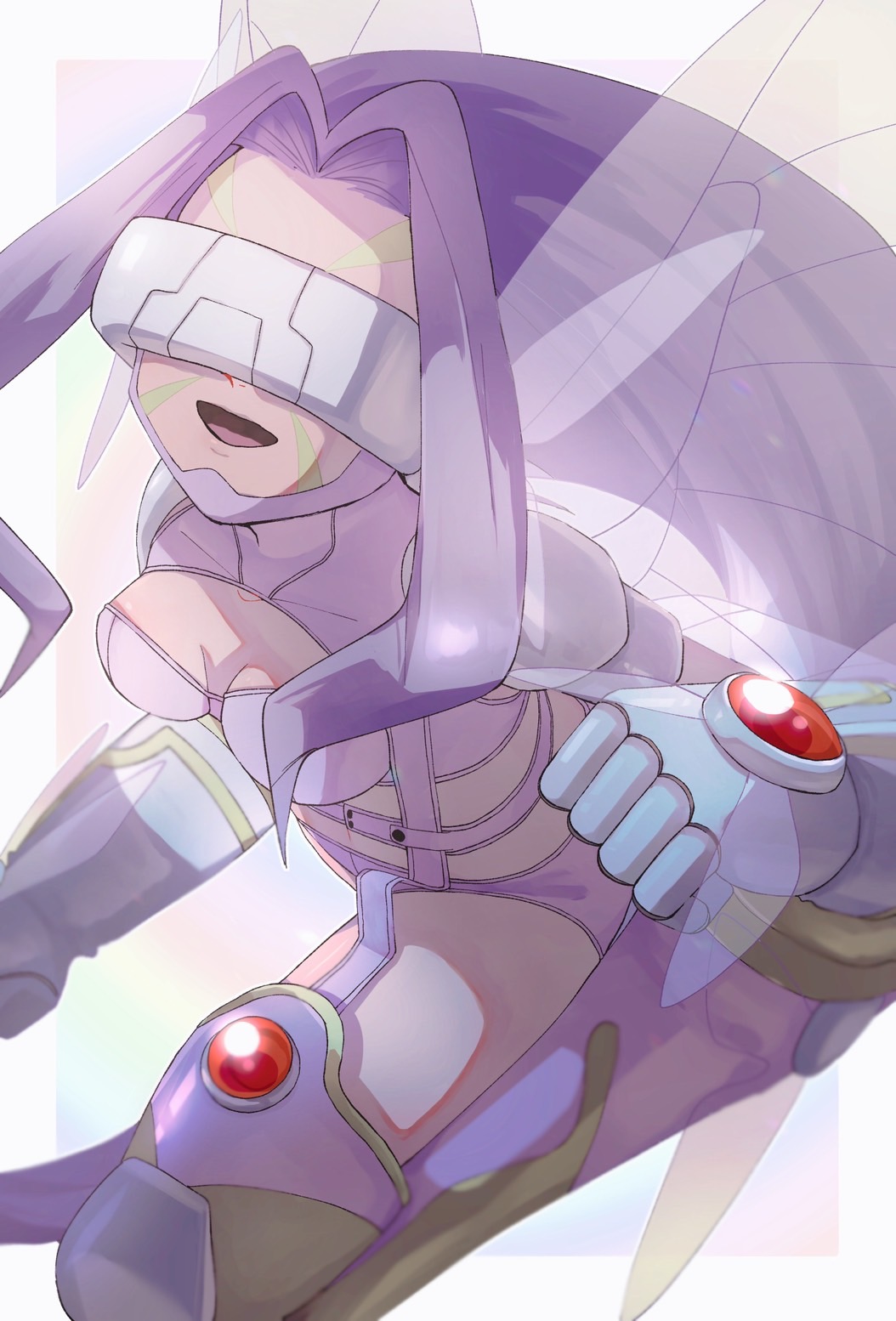 1girl :d belt bikini boots breasts butterfly_hair_ornament butterfly_wings cleavage clenched_hands commentary_request covered_eyes digimon digimon_(creature) digimon_frontier facial_mark fairimon garter_straps gloves grey_gloves hair_ornament hairband highres insect_wings long_hair looking_at_viewer medium_breasts midriff open_mouth parted_bangs purple_belt purple_bikini purple_boots purple_hair purple_hairband revealing_clothes shoulder_pads smile solo swimsuit takeda_conomi thigh_boots thighhighs very_long_hair visor white_background wings