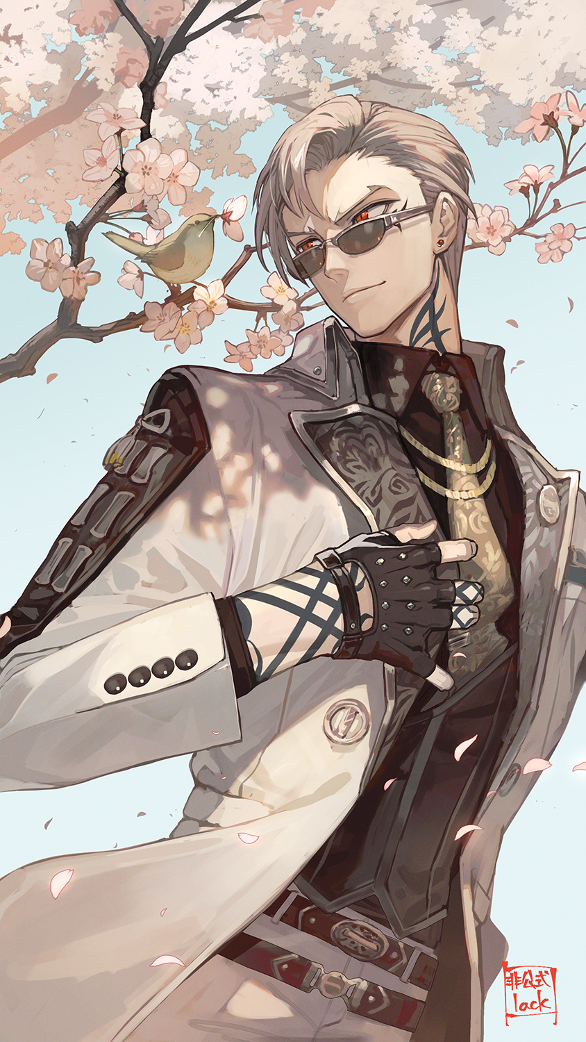1boy arm_tattoo armor belt bird black_gloves blonde_hair blue_sky branch cherry_blossoms collared_shirt earrings falling_petals fingerless_gloves flower gloves highres jacket japanese_armor jewelry kote lack male_focus neck_tattoo necktie outdoors petals pink_flower print_necktie red_eyes red_shirt sanchoumou shirt short_hair sky smile solo stud_earrings sunglasses tattoo touken_ranbu tree white_jacket
