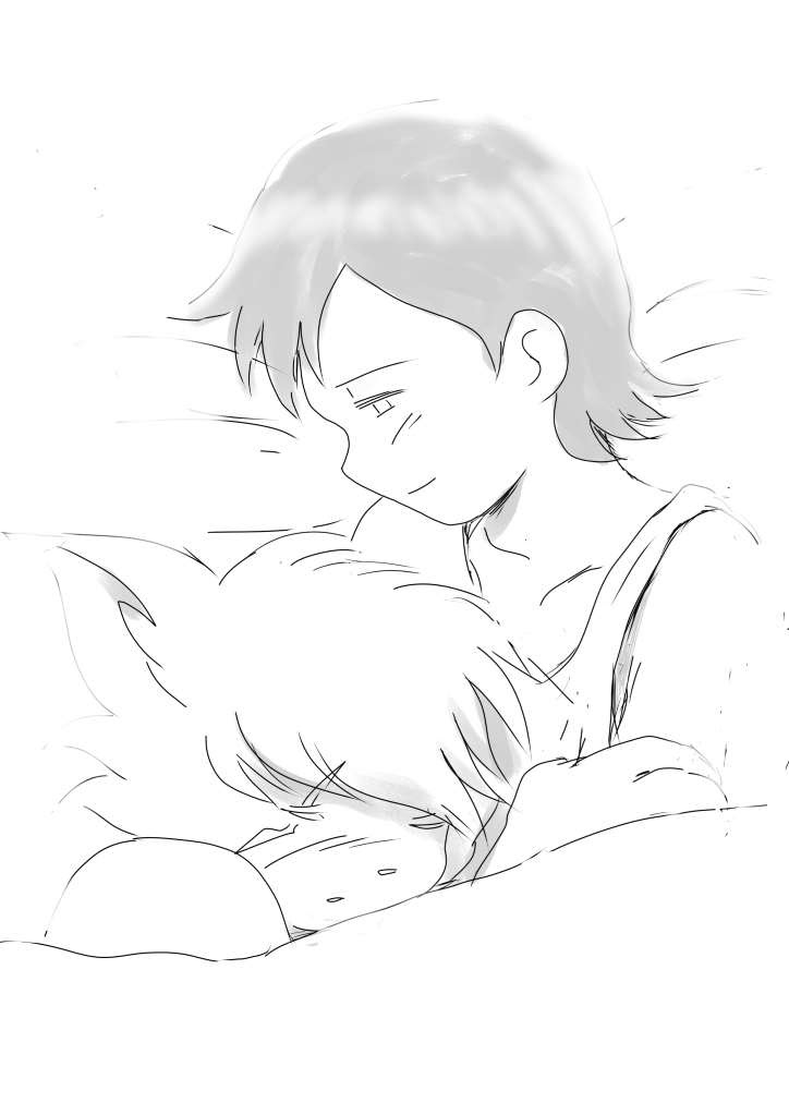 1boy 1girl digimon digimon_(creature) fukatsu_riko furry good_end looking_at_another meicrackmon_vicious_mode scar sleeping