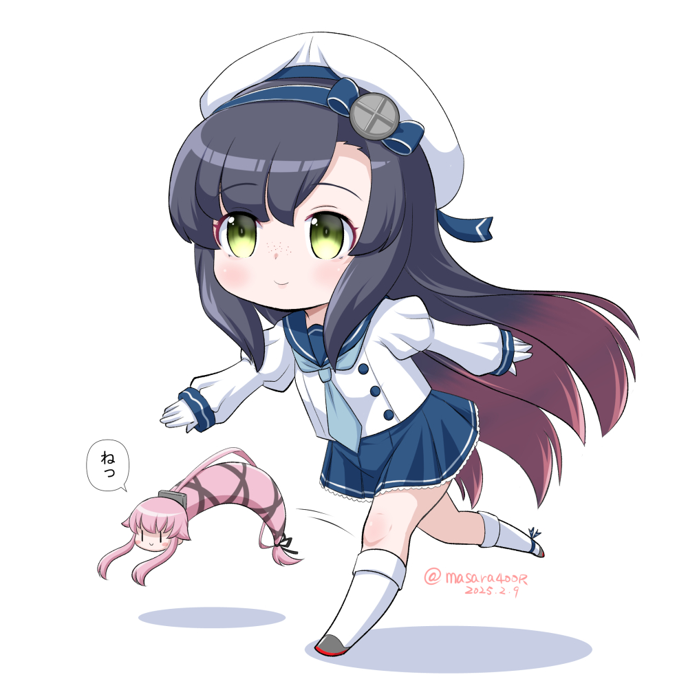 1girl black_hair blue_hairband blue_neckerchief blue_sailor_collar blue_skirt buttons double-breasted gloves gradient_hair green_eyes hairband hat juliet_sleeves kantai_collection long_sleeves masara_(chuujou) matsuwa_(kancolle) multicolored_hair neckerchief pleated_skirt puffy_sleeves purple_eyes purple_hair sailor_collar sailor_hat school_uniform serafuku simple_background skirt snake socks white_background white_gloves white_hat white_socks yura_(kancolle) yura_(snake)