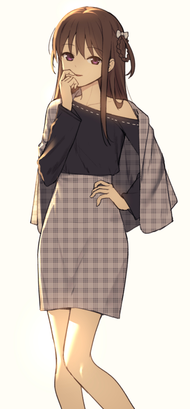 1girl 22/7 bare_shoulders black_shirt bow braid braided_hair_rings brown_hair collarbone commentary_request finger_to_mouth grey_shawl grey_skirt hair_between_eyes hair_bow hair_rings hand_on_own_hip hand_up long_hair long_sleeves looking_at_viewer nagareboshi off_shoulder parted_lips pencil_skirt plaid_clothes plaid_shawl plaid_skirt purple_eyes shawl shirt shirt_tucked_in simple_background single_bare_shoulder skirt smile solo standing tachikawa_ayaka unmoving_pattern white_background white_bow