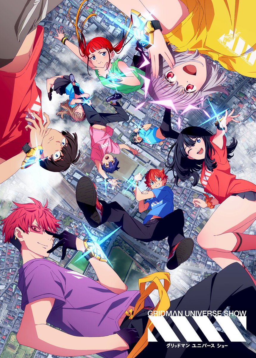 4girls 5boys acceptor asanaka_yomogi asukagawa_chise black_hair blue_eyes blue_hair blush breasts brown_hair couple gauma glasses green_eyes green_hair gridman_universe gridman_universe_(movie) hair_between_eyes hair_ornament hairclip hand_up hetero hibiki_yuuta highres hug long_hair looking_at_viewer minami_yume mole mole_under_mouth multiple_boys multiple_girls official_alternate_costume official_art open_mouth pants pink_hair red_eyes red_hair scar scar_on_face shinjou_akane shirt short_hair skirt small_breasts smile sunglasses t-shirt takarada_rikka thick_thighs thighs twintails utsumi_shou yamanaka_koyomi yellow_eyes