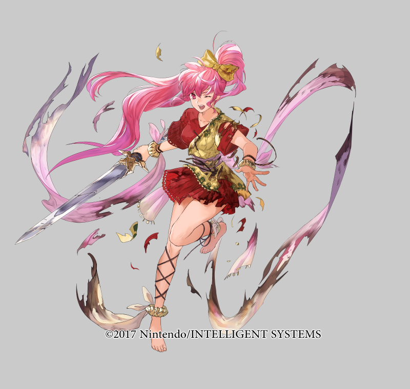 1girl barefoot belt bow bracelet commentary_request copyright_notice fire_emblem fire_emblem:_mystery_of_the_emblem fire_emblem:_new_mystery_of_the_emblem fire_emblem_heroes full_body grey_background jewelry long_hair mayo_(becky2006) nintendo official_art one_eye_closed open_mouth phina_(fire_emblem) pink_eyes pink_hair ponytail solo sword teeth torn_clothes weapon