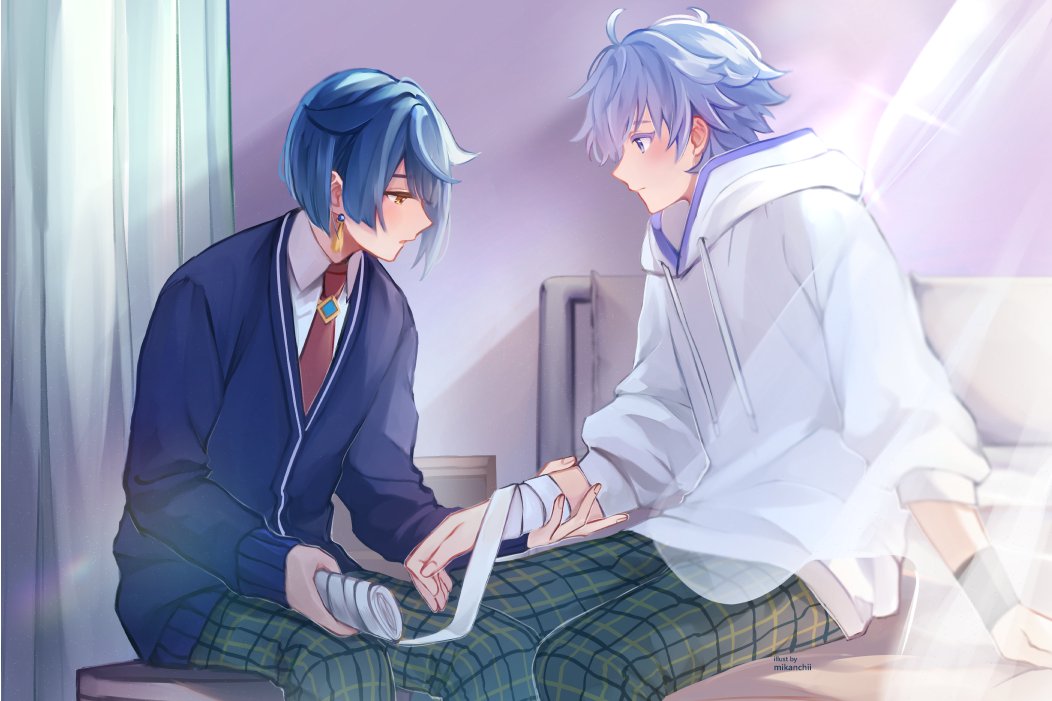 2boys :o ahoge arm_support artist_name asymmetrical_hair bandaged_arm bandages bed blue_cardigan blue_eyes blue_hair blush cardigan chongyun_(genshin_impact) chongyun_(gigo)_(genshin_impact) closed_mouth collared_shirt colored_eyelashes commentary curtains drawstring earrings english_commentary first_aid genshin_impact green_pants hair_between_eyes hood hood_down hoodie hospital_bed indoors infirmary jewelry long_sleeves male_focus mikanchii multiple_boys necktie official_alternate_costume on_bed open_mouth pants parted_bangs plaid_clothes plaid_pants profile red_necktie school_uniform shirt short_hair sitting sleeves_past_wrists sleeves_rolled_up stool tassel tassel_earrings white_hoodie white_shirt wing_collar xingqiu_(genshin_impact) xingqiu_(gigo)_(genshin_impact) yellow_eyes