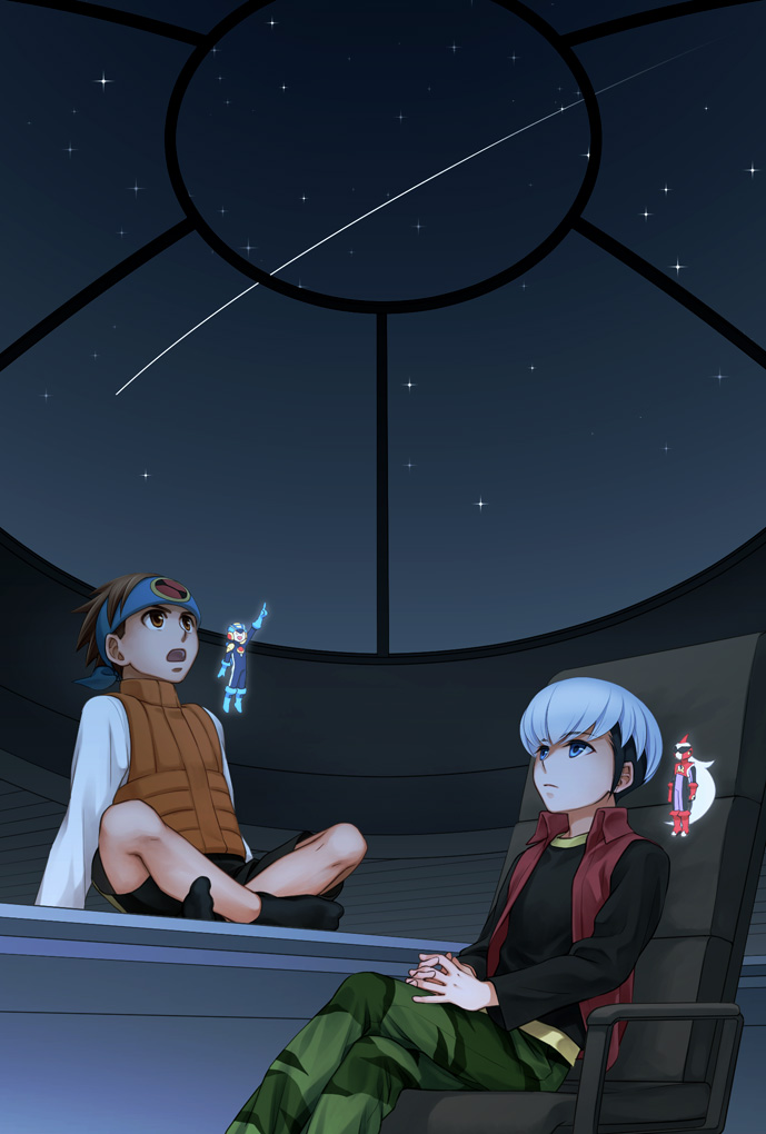 armor artist_request badana bare_legs brown_hair capcom chair child crossed_legs eugene_chaud eugene_chaud_(mega_man) helmet jacket knees lan_hikari_(mega_man) lan_hikari_(mega_man) legs looking_up mega_man_(series) mega_man_battle_network mega_man_battle_network_(series) megaman.exe night night_sky pants protoman.exe shirt shooting_star short_hair shorts sitting sky socks star_(sky) starry_sky