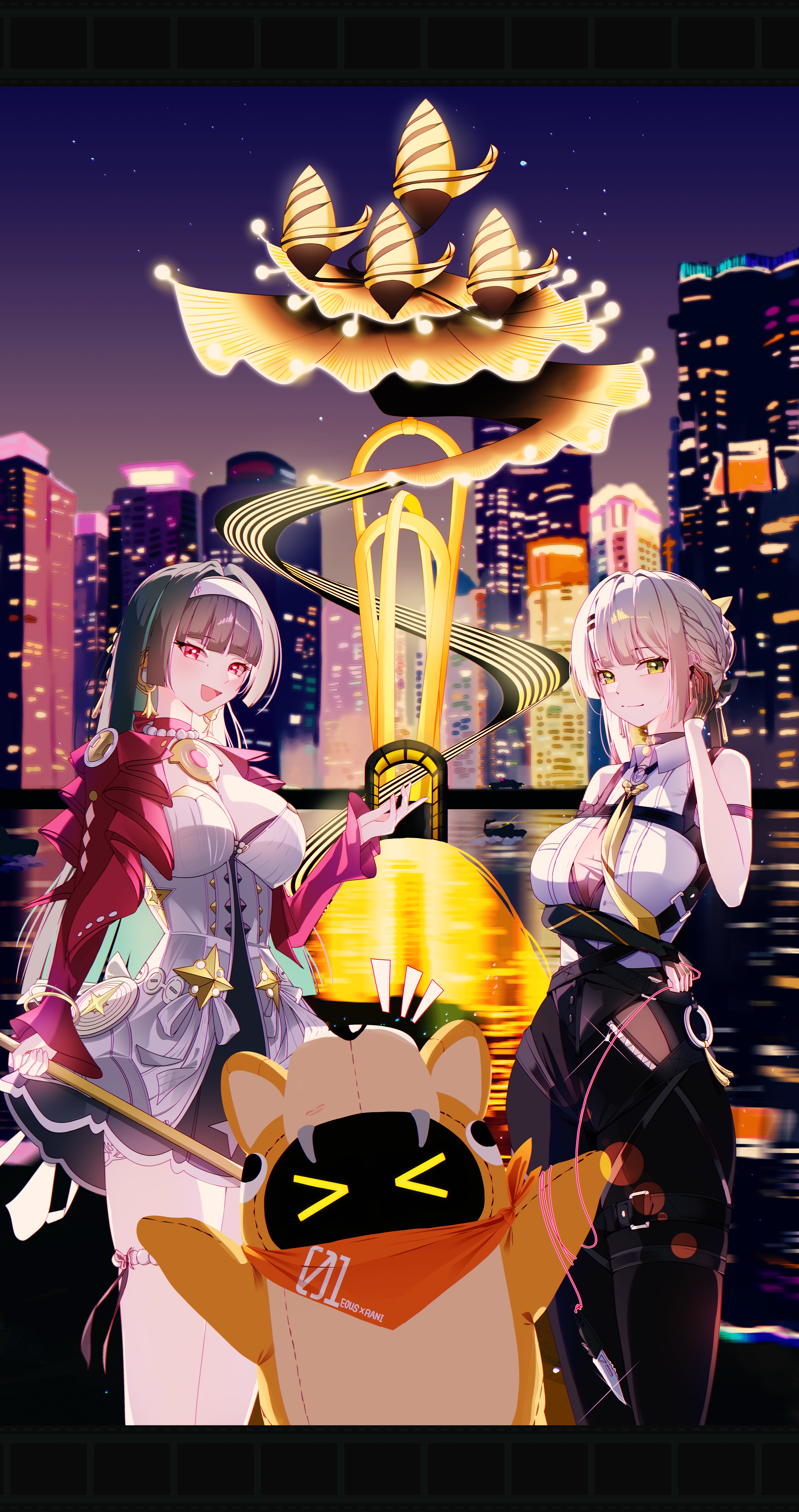 2girls :d absurdres alternate_breast_size arm_strap arm_under_breasts astra_yao bandana bangboo_(zenless_zone_zero) bare_shoulders black_choker black_dress black_gloves black_hair black_pants blonde_hair blunt_sidelocks braid breasts chest_strap choker city cleavage closed_mouth cosplay cut_bangs dress evelyn_chevalier evelyn_chevalier_(cosplay) gloves green_eyes gumbshil hair_ornament hairband hairclip half_gloves hand_on_own_cheek hand_on_own_face high-waist_pants highres jacket jewelry large_breasts layered_dress long_hair looking_at_viewer mascot multiple_girls necklace necktie night o-ring open_mouth orange_bandana pants pearl_necklace red_eyes red_jacket see-through_cleavage see-through_clothes shirt short_dress short_hair single_half_glove sleeveless sleeveless_shirt smile standing thigh_beads thigh_strap tight_clothes tight_pants uneven_bangs viichan virtual_youtuber waktaverse water white_dress white_hairband white_shirt wing_collar yellow_necktie zenless_zone_zero