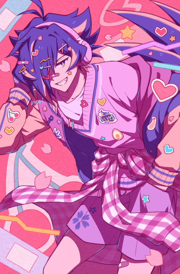 1boy bandaid bandaid_on_face bandaid_on_leg bandaid_on_nose blue_hair chiyo_nori clothes_around_waist cowboy_shot floral_print grin hair_ornament hair_over_one_eye hairpin hand_in_pocket hand_on_own_head headphones jacket looking_at_viewer male_focus multicolored_hair multiple_tails one_eye_covered open_clothes open_jacket pink_background pink_sweater purple_shorts short_hair shorts show_by_rock!! smile solo sticker_on_face sticker_on_hair streaked_hair sweater tail too_many_stickers two-tone_hair yasu_(show_by_rock!!) yellow_jacket