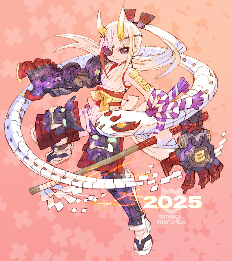 1girl chinese_zodiac eyepatch full_body gauntlets high_ponytail holding holding_staff long_hair nakayama_tooru nontraditional_miko original ponytail simple_background snake solo staff tunic white_hair white_tunic year_of_the_snake