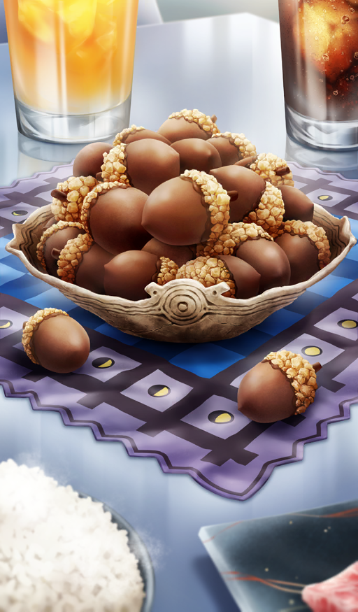 acorn bowl chocolate cup drink drinking_glass fate/grand_order fate_(series) food food_art food_focus masaki_(star8moon) no_humans official_art placemat plate rice rice_bowl steam still_life table textless_version third-party_source