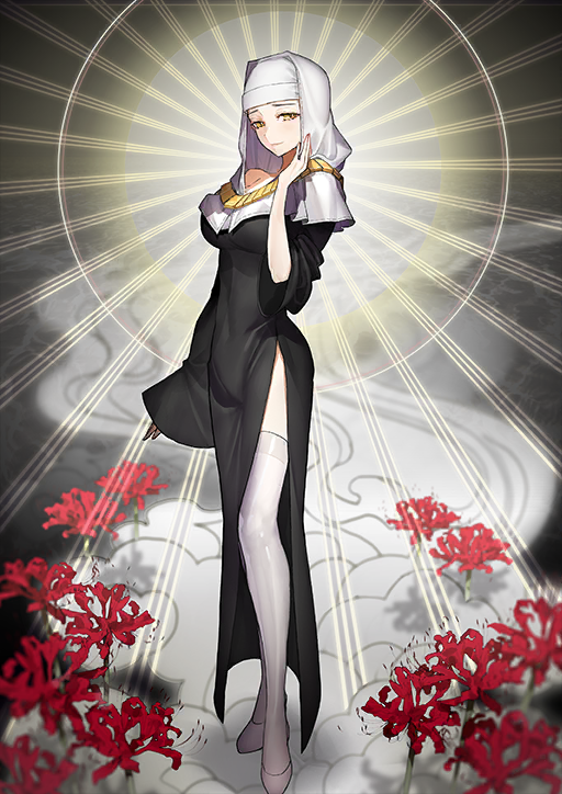 1girl arm_at_side black_dress breasts buddhist_nun closed_mouth dress fate/grand_order fate_(series) flower full_body grey_background guimpe hand_up large_breasts long_dress long_sleeves looking_at_viewer official_art sessyoin_kiara shoes side_slit smile solo spider_lily standing thighhighs third-party_source three_quarter_view variant_set wada_arco white_hood white_shoes white_thighhighs wide_sleeves wimple yellow_eyes