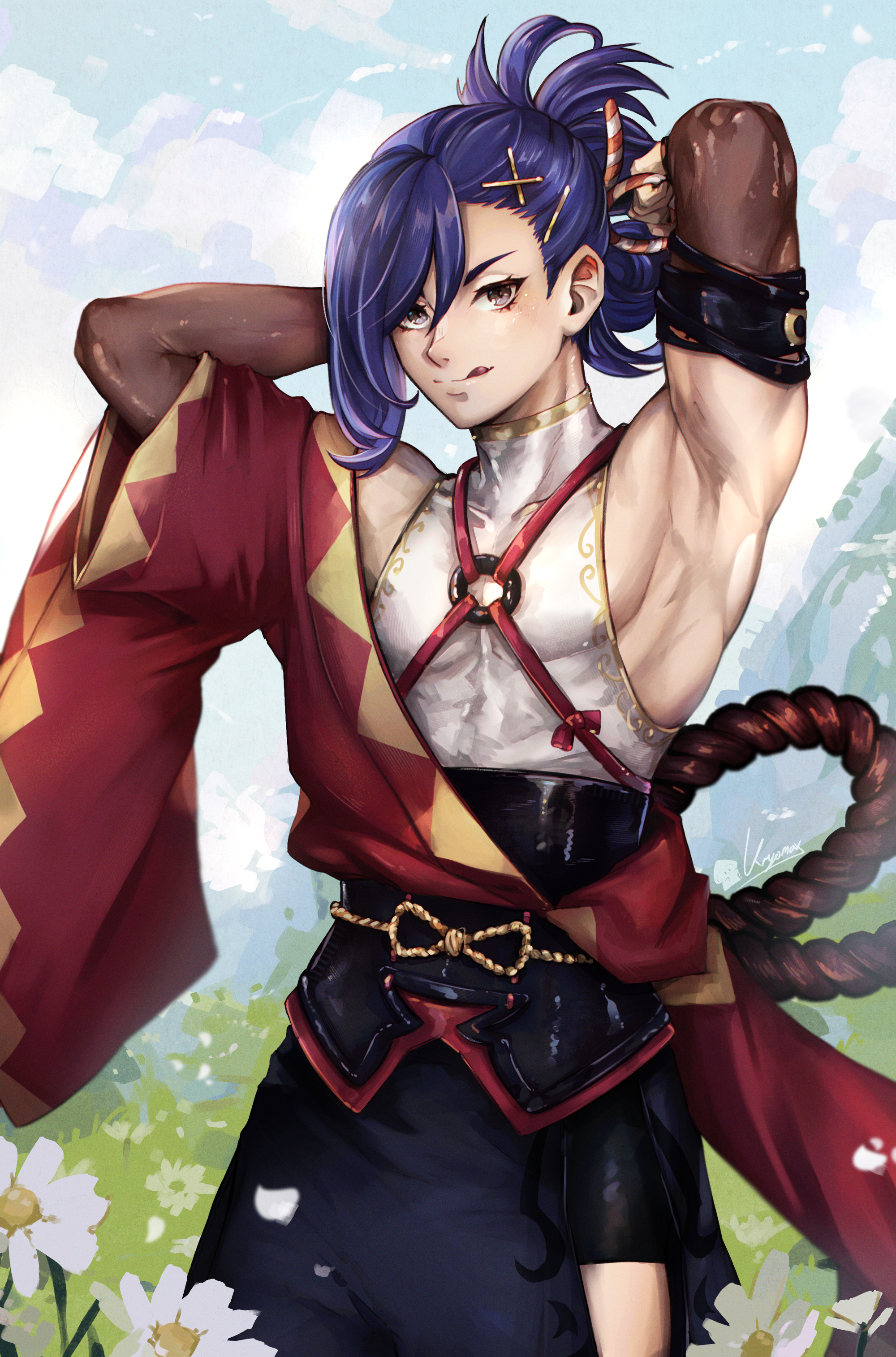 1boy absurdres bare_shoulders blue_hair fire_emblem fire_emblem_engage folded_ponytail highres japanese_clothes kagetsu_(fire_emblem) long_hair looking_at_viewer male_focus max_art149 nintendo smile solo yellow_eyes