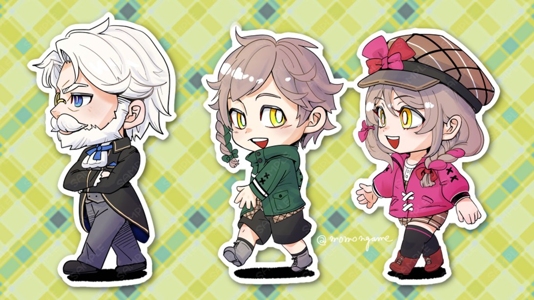 1girl 2boys blonde_hair clanne_(fire_emblem) fire_emblem fire_emblem_engage framme_(fire_emblem) green_jacket hat jacket mature_male momongame_17 multiple_boys nintendo pink_jacket plaid_hat vander_(fire_emblem) white_hair yellow_eyes