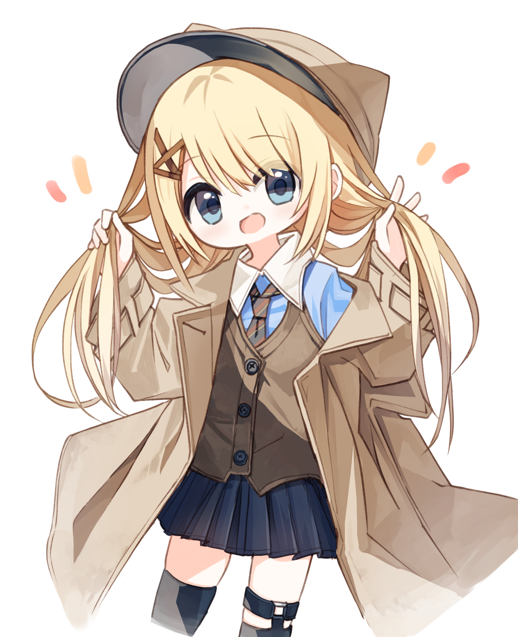 1girl animal_ears animal_hat black_skirt black_thighhighs blonde_hair blue_eyes blue_shirt brown_hat brown_jacket brown_vest cabbie_hat collared_shirt commentary_request cropped_legs diagonal-striped_clothes diagonal-striped_necktie fake_animal_ears flower_girl_(yuuhagi_(amaretto-no-natsu)) hair_between_eyes hair_ornament hairclip hands_up hat highres jacket long_hair long_sleeves looking_at_viewer necktie notice_lines open_clothes open_jacket original pleated_skirt shirt simple_background skirt sleeves_past_wrists solo striped_clothes thighhighs very_long_hair vest white_background wide_sleeves x_hair_ornament yuuhagi_(amaretto-no-natsu)
