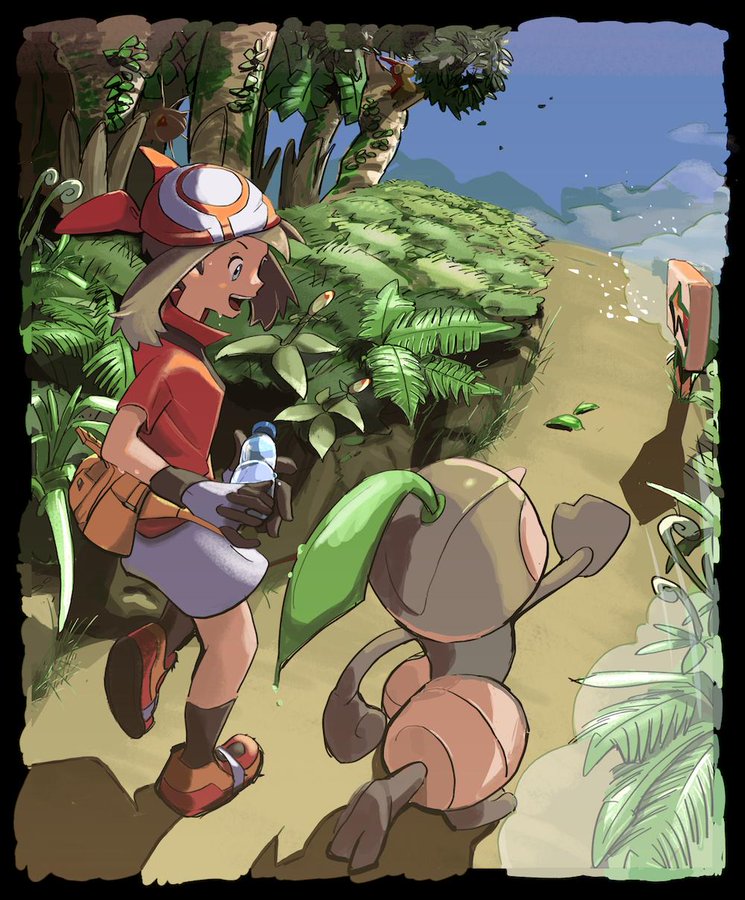 1girl bad_id bad_twitter_id bandana bottle brown_hair collared_shirt commentary_request day fanny_pack gen_3_pokemon gloves grey_eyes holding holding_bottle may_(pokemon) nintendo nuzleaf open_mouth outdoors pokemon pokemon_(creature) pokemon_rse red_bandana shirt shoes short_sleeves sign skirt smile socks standing teeth terrible_burst tongue tree water_bottle