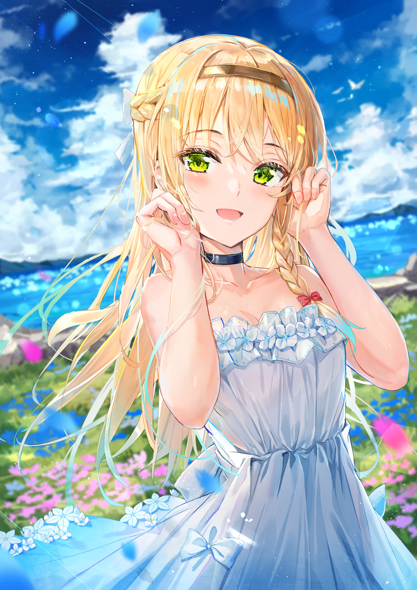 1girl adjusting_hair alternate_costume atelier_(series) atelier_ryza bare_arms bare_shoulders black_choker blonde_hair blue_dress blue_petals blue_sky blurry blurry_background blurry_foreground bow braid choker commentary_request depth_of_field dress falling_petals field flower flower_field gold_hairband gradient_clothes gradient_dress green_eyes hair_bow hairband highres klaudia_valentz lake light_blush long_hair looking_at_viewer na_kyo open_mouth petals pink_petals red_bow second-party_source sky smile solo strapless strapless_dress upper_body white_dress