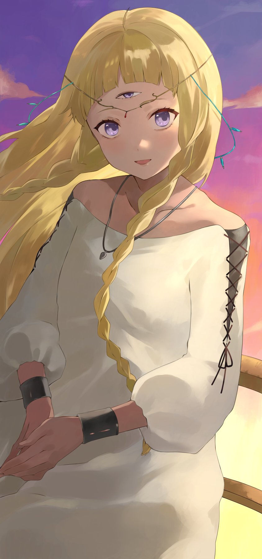 1girl bare_shoulders blonde_hair blush bracelet braid cloud collarbone commentary dark-skinned_female dark_skin dress eupha_(metaphor:_refantazio) fingernails floating_hair highres jewelry konchi_(63438789) long_hair looking_at_viewer metaphor:_refantazio necklace open_mouth outdoors own_hands_together purple_eyes sky smile solo third_eye twilight twin_braids white_dress