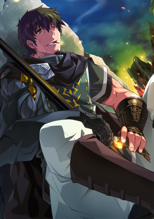 1boy asymmetrical_sleeves black_(artist) black_cape boots bracer brown_boots brown_facial_hair brown_gloves brown_hair cape cigarette dutch_angle elbow_gloves embers facial_hair fate/grand_order fate_(series) feet_out_of_frame fingerless_gloves fire gloves goatee green_eyes green_tunic grey_gloves grin hector_(fate) knees_up long_hair low_ponytail male_focus mouth_hold night official_art one_eye_closed outdoors pants polearm ponytail short_sleeves single_bracer single_elbow_glove single_fingerless_glove sitting sleeveless smile smoke smoke_trail smoking solo teeth third-party_source toned toned_male tunic uneven_sleeves weapon white_pants