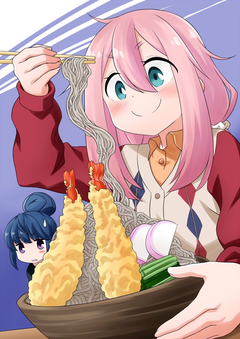 2girls akou_roushi blue_eyes blue_hair blush blush_stickers bowl chopsticks closed_mouth dot_nose female_focus food hair_bun hair_ornament happy holding holding_chopsticks kagamihara_nadeshiko long_hair long_sleeves looking_at_viewer multiple_girls no_nose noodles pink_hair shima_rin shrimp shrimp_tempura smile standing sweatdrop tempura yurucamp