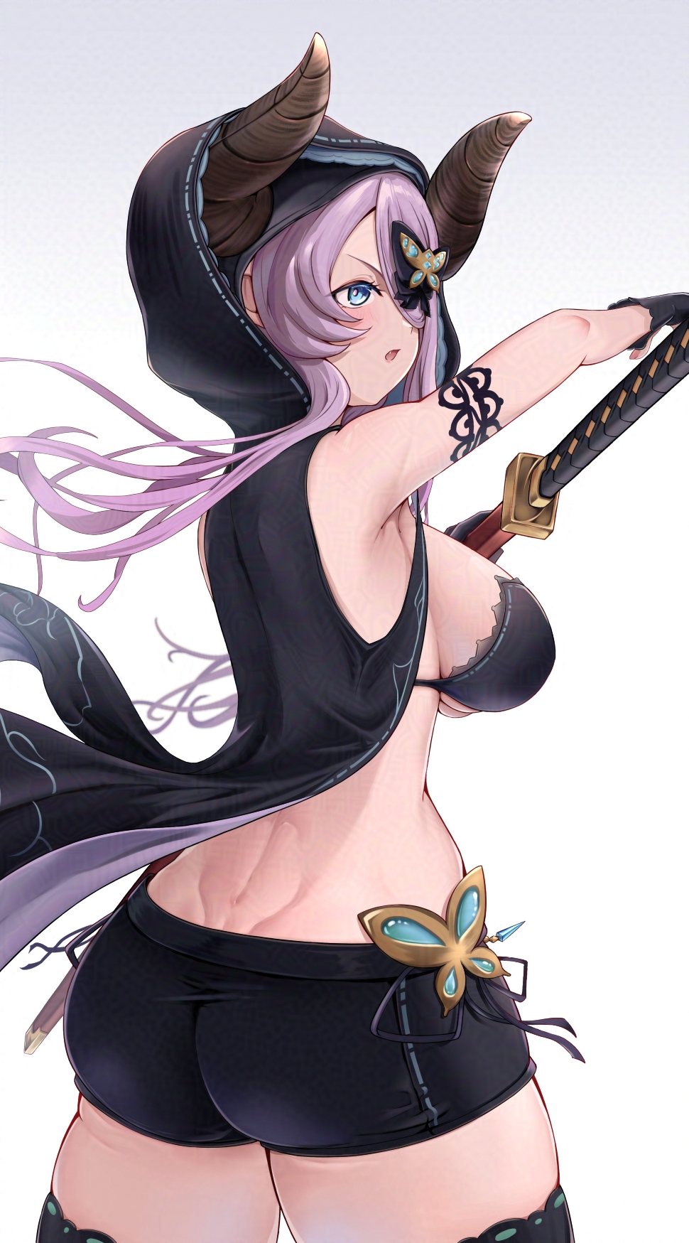 1girl alternate_costume ass bare_shoulders black_shorts blue_eyes blush bra breasts butt_crack dimples_of_venus eyepatch fighting_stance from_behind gloves granblue_fantasy hair_over_one_eye highres hood horns huge_ass large_breasts long_hair narmaya_(granblue_fantasy) narmaya_(the_black_butterfly)_(granblue_fantasy) open_mouth pink_hair pizzicato_il ready_to_draw sheath sheathed short_shorts shorts sideboob solo sword thick_thighs thighhighs thighs underwear weapon