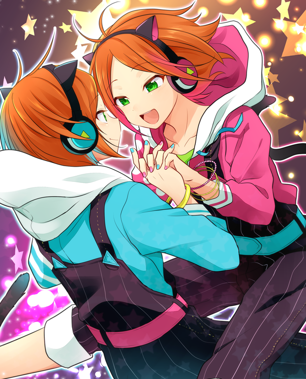 10s 2boys :d animal_ears aoi_hinata aoi_yuta blue_nails bracelet brothers cat_boy cat_ears closed_mouth ensemble_stars! eye_contact eyebrows green_eyes headphones holding_hands hood hoodie interlocked_fingers jewelry looking_at_another male_focus multiple_boys nail_polish open_mouth overalls pants pants_rolled_up pink_nails siblings smile star_(symbol) take_no_ko twins