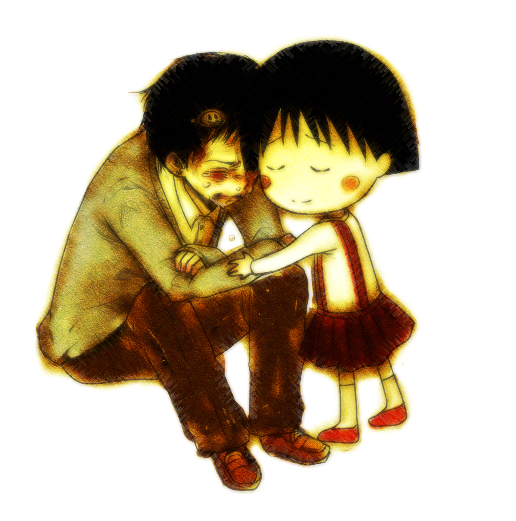 1boy 1girl ahopan blush blush_stickers chibi chibi_maruko-chan comforting commentary crying closed_eyes full_body hug kneehighs long_sleeves noko_(shinsei_kamattechan) sakura_momoko shinsei_kamattechan short_hair simple_background sitting skirt smile socks suspender_skirt suspenders tears