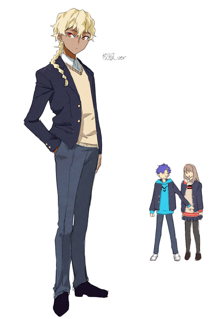 1girl 2boys asanaka_yomogi blonde_hair blue_hair braid brown_hair couple dark-skinned_male dark_skin gridman_universe hair_ornament hairclip hetero highres hood hoodie jacket long_hair long_sleeves looking_at_viewer minami_yume multiple_boys open_mouth pantyhose risyo school_uniform shirt short_hair sizumu skirt ssss.dynazenon