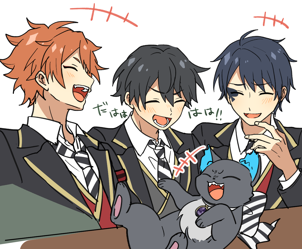 +++ 3boys :d ^_^ ace_trappola black_hair black_jacket black_necktie blush closed_eyes collared_shirt commentary_request deuce_spade diagonal-striped_clothes diagonal-striped_necktie facial_mark fang grey_vest grim_(twisted_wonderland) hair_between_eyes hand_up jacket lapels laughing lower_teeth_only lying male_focus mikawa_ayumu multiple_boys necktie night_raven_college_uniform on_back open_clothes open_jacket open_mouth orange_hair raised_eyebrows red_vest shirt short_hair simple_background smile spade_(shape) spade_facial_mark striped_clothes striped_necktie table teeth translation_request twisted_wonderland upper_body upper_teeth_only v-shaped_eyebrows vest white_background white_necktie white_shirt wing_collar yuu_(twisted_wonderland)